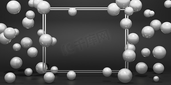 显示框和文本框周围的玻璃珠珍珠黑暗色调3D插图