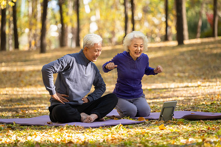 瑜伽动作摄影照片_户外观看平板电脑练瑜伽的老年夫妇