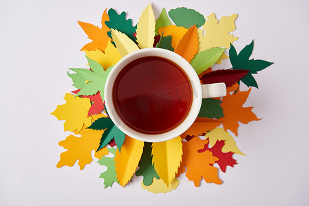 杯茶和彩色手工叶子在白色表面的顶部视图