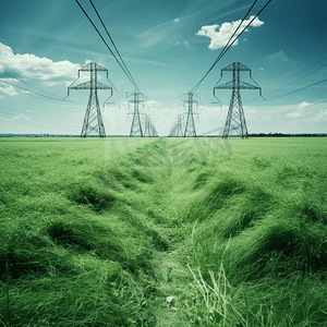 绿色草地中的高压电塔电缆2