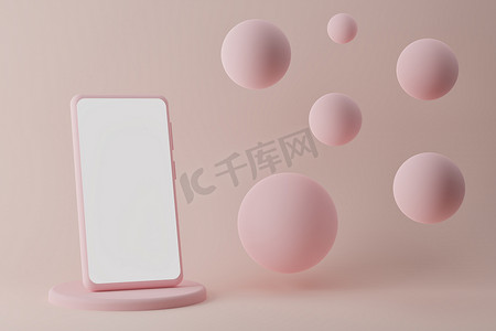 粉色展台摄影照片_粉色智能手机在展台上的模型，粉色背景上有飞舞的气泡。3D手机，白屏空白，设计简单。3D现代设备显示屏示例