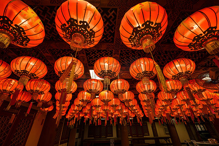 Bangkok, Thailand - December, 20, 2021 : Red Lanterns with chinese text mean 