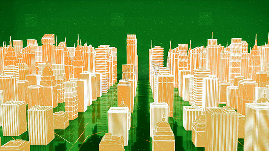 网络空间现代城市的三维模型。行动。以高层建筑为主体的现代城市的未来布局。城市计算机空间的三维布局