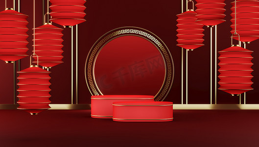两个红色平台上的红色造型中国式，红色灯笼挂在周围。产品演示或广告的抽象背景。3d渲染