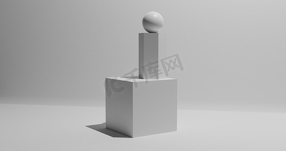 立方体，六边形和球体，概念的发展到完美，灰色，3D渲染