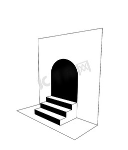楼梯拱门，3D透视。简单的黑白插图