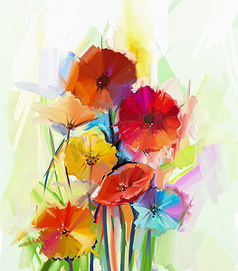 油画花卉摄影照片_Abstract oil painting of spring flowers. Still life of yellow and red gerbera flowers. Hand Painted floral Impressionist style