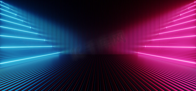 霓虹灯激光振动器发光科幻未来舞台光滑金属俱乐部展示室网络库背景紫蓝发光3D渲染画图