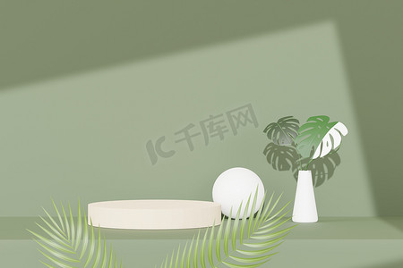 淘宝主图叶子摄影照片_三维渲染的抽象基座讲台显示与热带怪兽的叶子。产品和促销概念的广告.绿色自然背景.