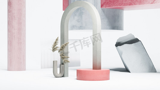 灰色弧线接近不同的几何形状，花瓶中的潘帕斯草和白色背景的粉红基座。魔法现实主义现代艺术。3D渲染. 