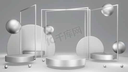 空白产品金属银质主题的三维渲染概念为商业模板设计展示了盆栽构图几何元素。3D渲染.