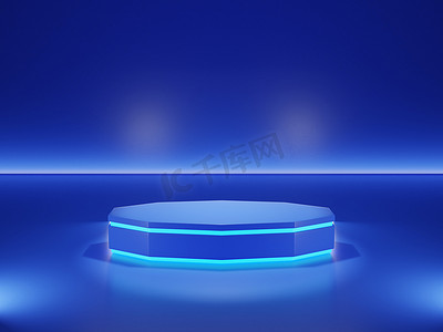 深蓝色蓝色摄影照片_蓝色多边形讲台，蓝色霓虹灯在深蓝色背景平台上，用于在现代网站上发布产品或制作广告材料。 3D渲染，抽象背景.