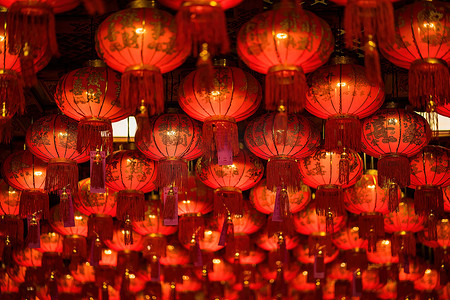 Bangkok, Thailand - December, 20, 2021 : Red Lanterns with chinese text mean 