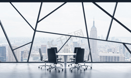 A meeting room in a bright contemporary panoramic office space with New York city view. The concept of highly professional financial or legal services. 3D rendering.