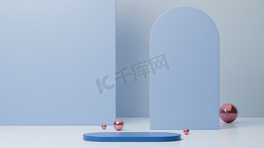 最小蓝色基座，用于背景为蓝色几何形状的产品演示。舞台上的场景，横幅广告。3D渲染，3D说明