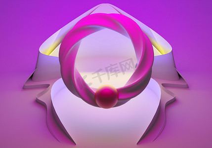 带有粉红紫色元素的节选。网站背景的摘要。飞圈在前景。抽象主题的3D背景纹理。三维讲台站台。背景中的石碑.