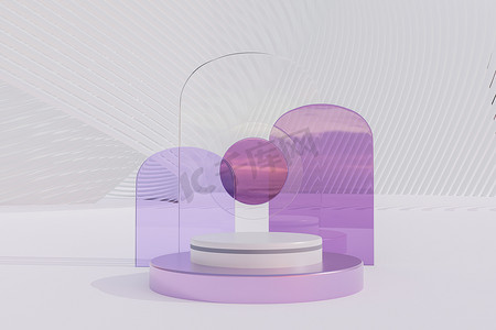三维渲染，抽象几何背景与粉红色蓝色半透明圆形玻璃。现代最小的展示模型。商业产品展示台的空基座平台，空平台，圆形