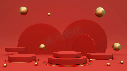 展台背景摄影照片_红色金色讲台的3D渲染概念。明亮的红色讲台产品的展台和背景与黄金元素组成的商业设计.3D渲染。3D插图.