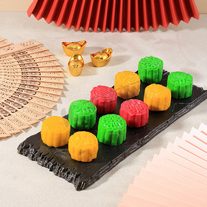 Colorful Snow Skin Moon Cake, Sweet Snowy Mooncake, Traditional Savory Dessert for Mid-Autumn Festival on Clean Background, Close up, Lifestyle for Mid Autumn Concept