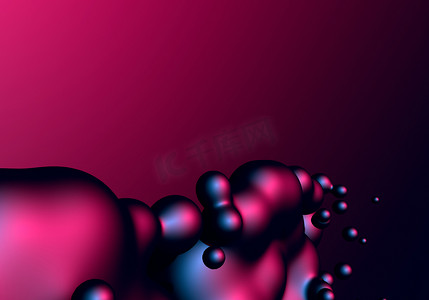 合成运动背景摄影照片_带有霓虹灯发光沸腾液体球或运动液滴的抽象背景，80年代合成波风格，蓝色和紫色，逆波照明