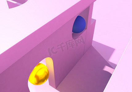 金球摄影照片_超现实的粉色建筑形式，以拱形和金球为背景。3D插图
