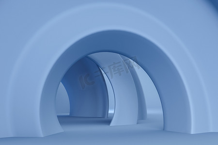 数字舞台摄影照片_蓝色圆形拱形冷水3D渲染说明.带空格的数字背景.技术产品的舞台、平台.波状结构、形状、透视路径