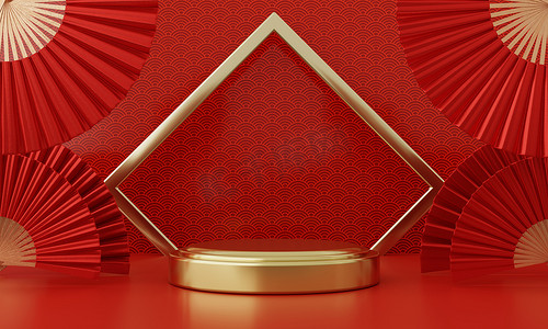 节日底花纹摄影照片_中国新年红色现代风格的一个领奖台产品展示与金戒指框日本风格的背景。节日快乐是传统节日的理念.3D插图渲染