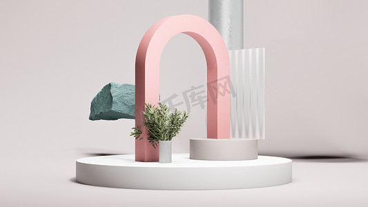 大讲台摄影照片_粉色弧形的大圆形讲台上,背景淡灰色,绿色植物.最小的设计。3d渲染.