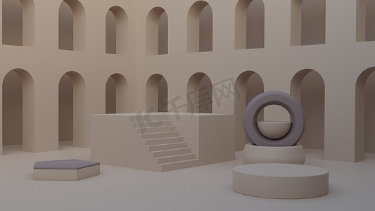 Minimalism empty geometric product showcase cylindrical and hexagonal platform with staircase podium among building with arch doors in background 3D rendering illustration