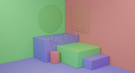 紫色讲台摄影照片_橙色背景的绿色和紫色讲台呈现3D 。产品3D渲染的空平台