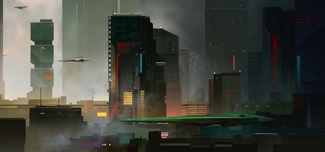 庞克男孩摄影照片_画出了未来的彩色网络庞克城市，摩天大楼笼罩在雾中