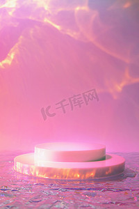 全息粉红背景图上有圆柱形讲台的空场景 