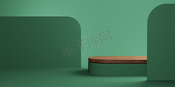 带木制讲台和背景的最小场景在工作室照明绿色背景。产品展示展示,造型舞台,化妆品展示,软垫,舞台底座.3d渲染