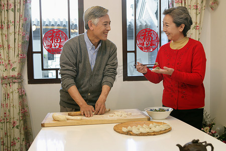 中国老年夫妇春节包饺子