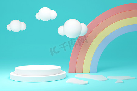 彩虹讲台的3D渲染概念。产品展台为商业设计,背景为彩虹云彩.最小的粉色主题。3D渲染.