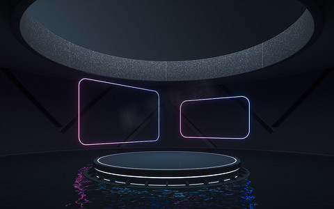 霓虹灯和舞台在圆形房间, 3D渲染.计算机数字绘图.
