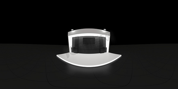 360度球面无缝VR全景。设有墙壁和灯台的空混凝土展览馆内部，3D渲染 .