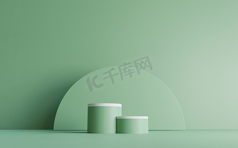 生态产品舞台展示绿色背景下最小白圆形壁面设计的双绿色圆柱体平台3D渲染技术.
