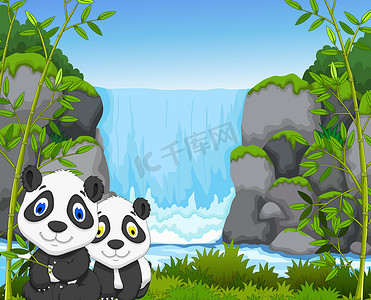 卡通可爱背景摄影照片_可爱的卡通熊猫瀑布背景