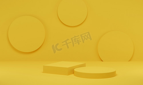 扁平几何橙色摄影照片_3D渲染。黄色圆筒平台最小背景.用于展示产品的几何形状抽象平台.