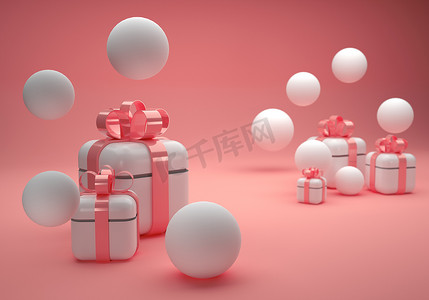 白色礼品盒，粉色背景上有玫瑰红色蝴蝶结，白色气球，3D插图