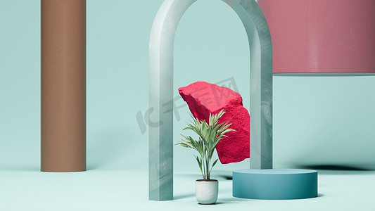 薄荷弧、粉红石和棕榈树圆台展示在泪眼的背景上.最小的设计。3d渲染.