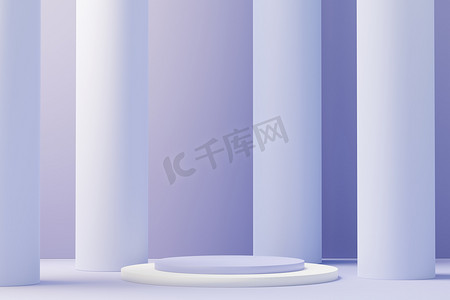 3d render of Beauty podium with Very Peri color of the year 2022 design for product presentation and advertising. Minimal pastel sky and Dreamy land scene. Romance concept.