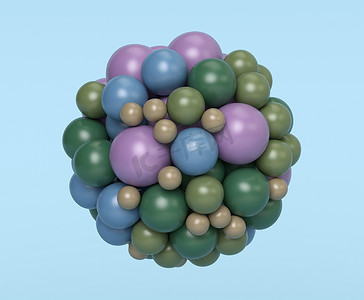 抽象粉色几何摄影照片_三维渲染,抽象几何圆形的彩色球体连接在一起.粉色、蓝色、绿色、米黄色、淡蓝色背景上的孤立元素
