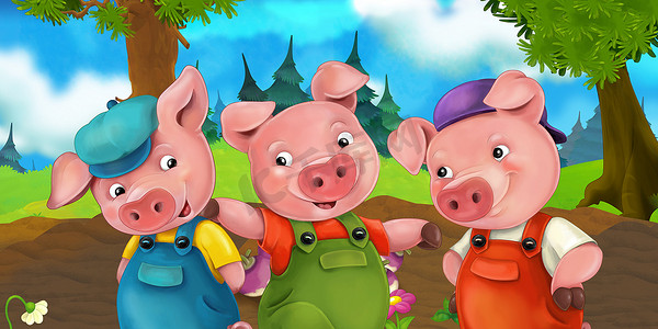 卡通场景三个猪兄弟你打算在山上-儿童插画的旅行