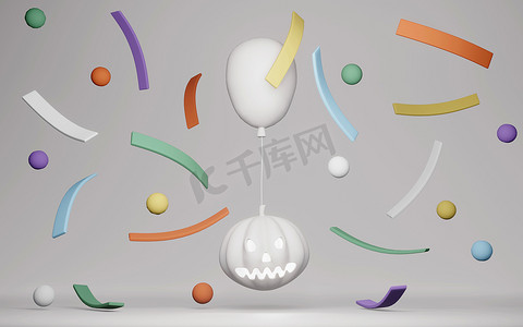 3D渲染万圣节背景的概念。白色南瓜,有气球,色彩艳丽的意粉飘浮在背景上.3D渲染。3D插图。最小创意创意概念.