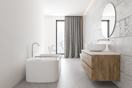 宽敞的浴室内部有白色和石墙，混凝土地面，舒适的浴缸与水，圆形的水池与镜子和厕所。3d渲染