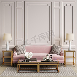 经典的内饰在柔和的颜色。沙发, 椅子, sidetables 与灯具, 桌子与装饰。白色墙壁与装饰。地板实木复合木字形, 地毯与图案。样机, 复制空间。数字 ilustration 3 d 渲染 