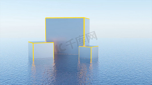 霓虹灯线条摄影照片_虚拟3D装饰与立方体。设计。具有不同尺寸和霓虹灯线条的立方体的虚拟风景造型设计。在孤立的背景上有霓虹灯框架的漂亮立方体