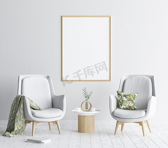 模拟海报框架在客厅背景, 斯堪的纳维亚风格的内部, 3d 渲染